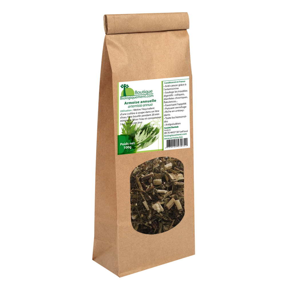 Sachet de 100 gr de tisane de Artemisia annua biologique du laboratoire biologiquement.com